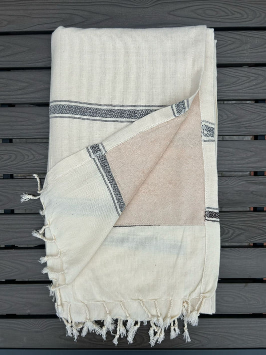 Cotton Handwoven Towel In Cream And Biscuit