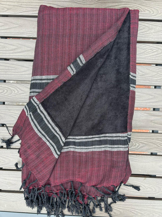 Cotton Handwoven Towel In Maroon And Black