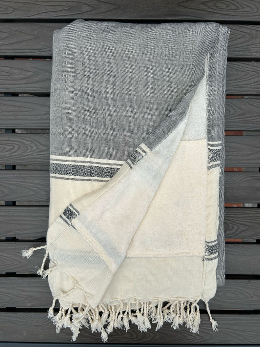 Cotton Handwoven Towel In Grey And Cream