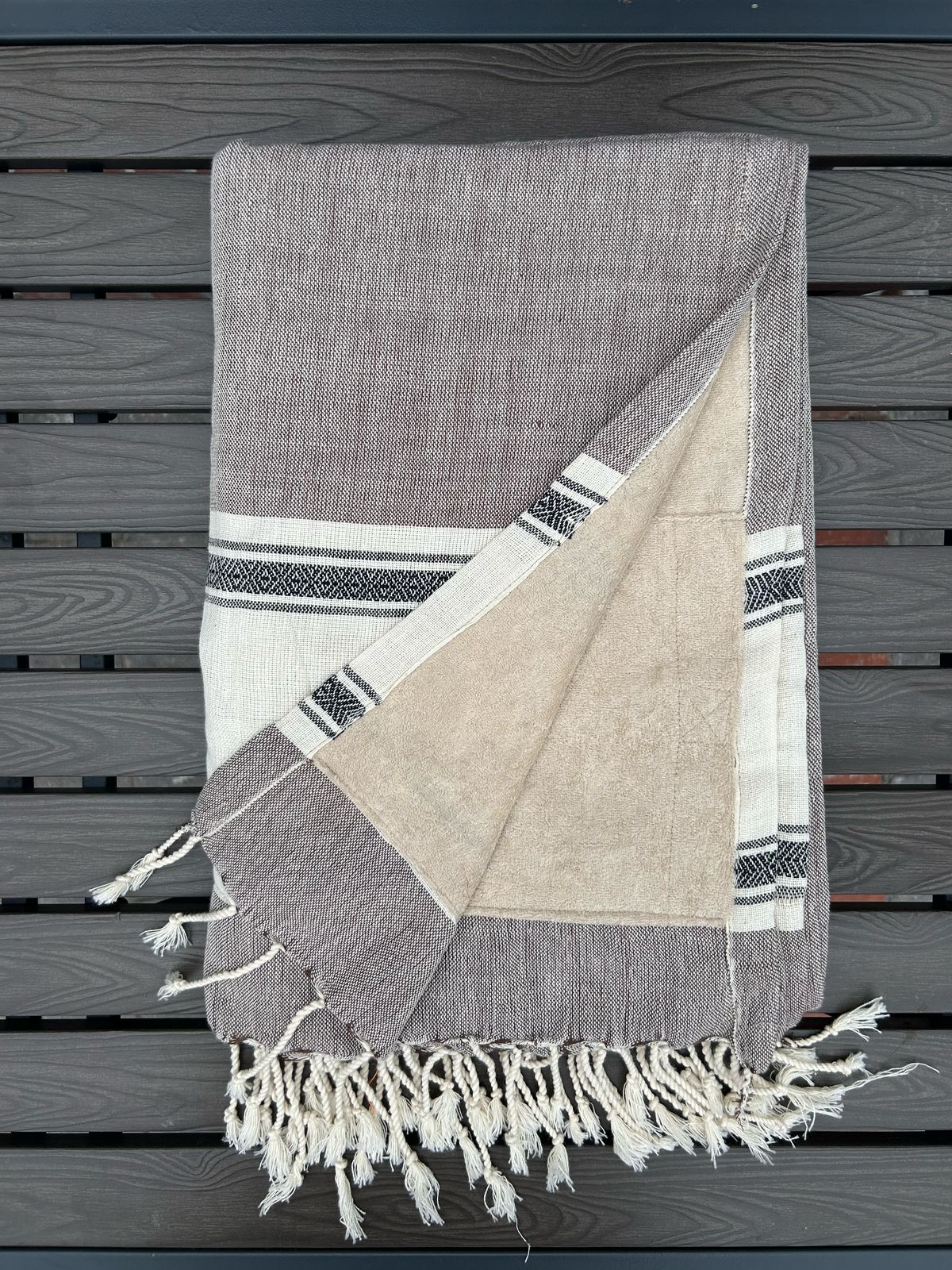 Cotton Handwoven Towel In Taupe And Biscuit