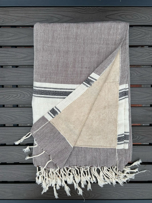 Cotton Handwoven Towel In Taupe And Biscuit