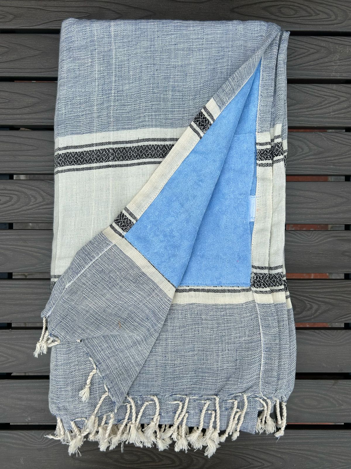 Cotton Handwoven Towel In Steel Blue On Baby Blue