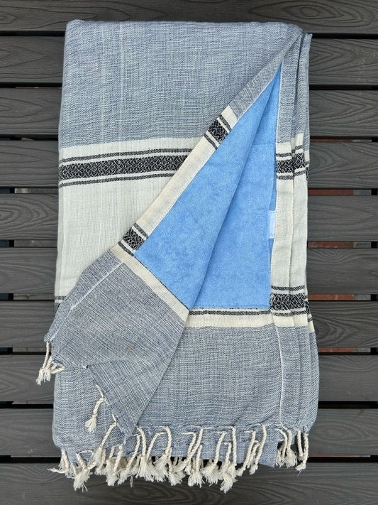 Cotton Handwoven Towel In Steel Blue On Baby Blue