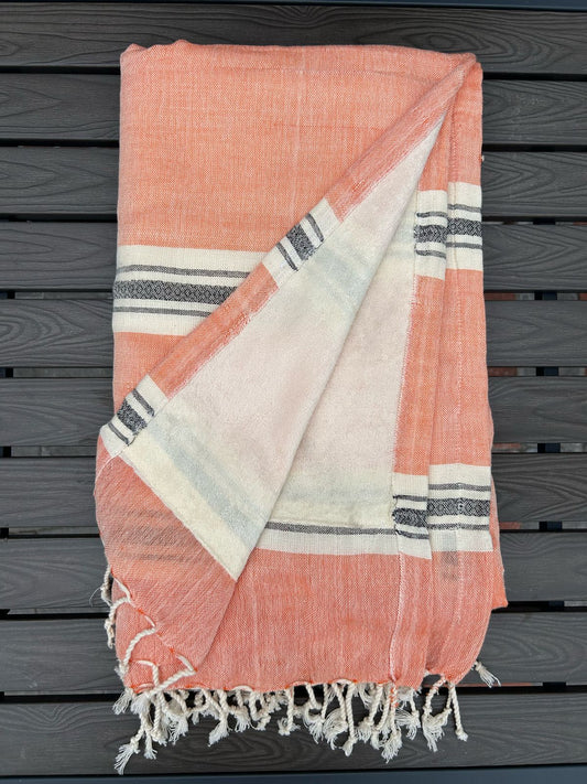Cotton Handwoven Towel In Orange On Cream