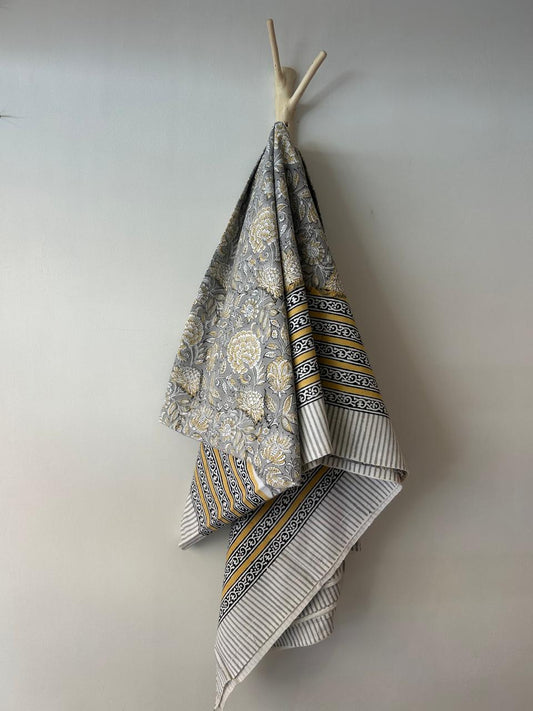 Cotton Throw In Grey Mustard And Black Floral