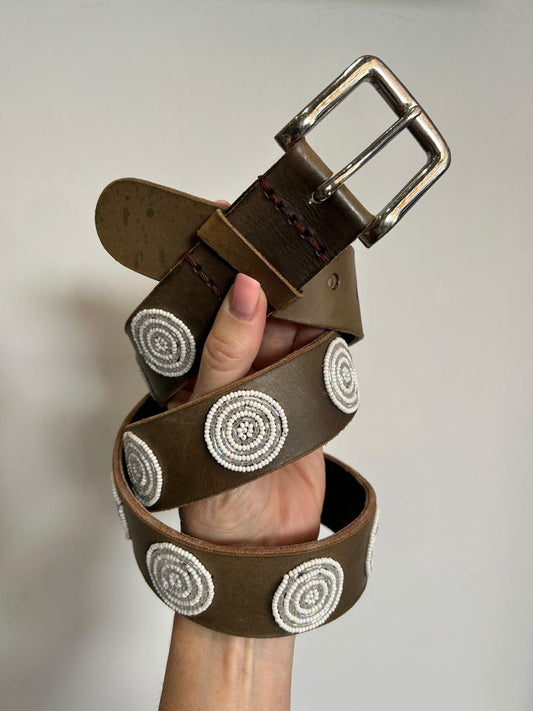 Thick Masai Belt White & Silver Circles