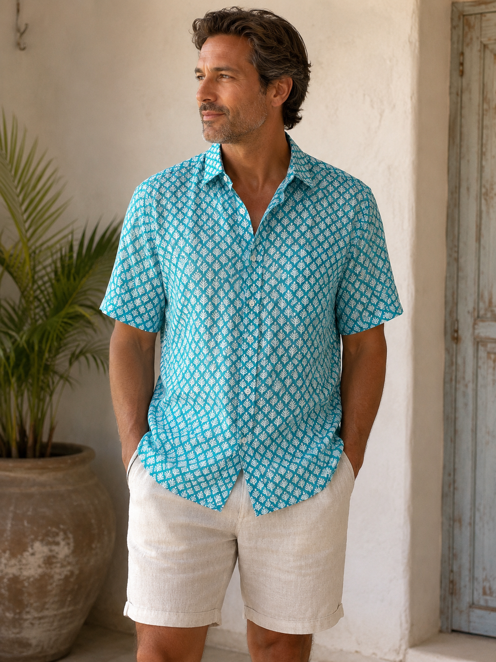 100% LIGHT COTTON SHIRT SLEEVE SHIRT, Light Green Fern