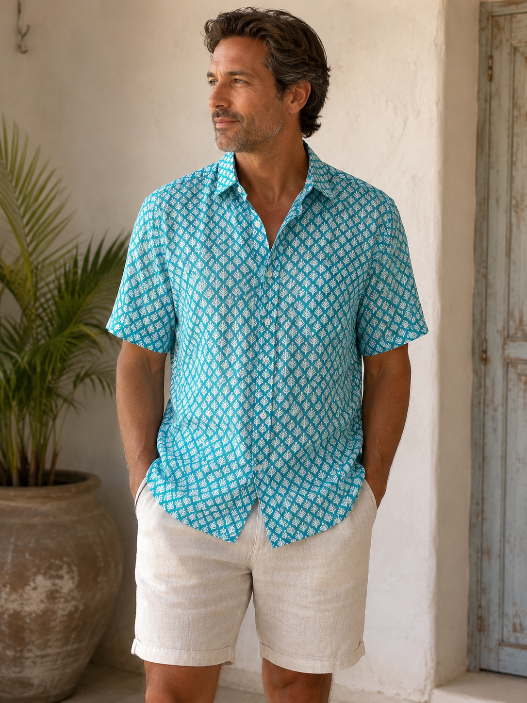 100% LIGHT COTTON SHIRT SLEEVE SHIRT, Light Green Fern