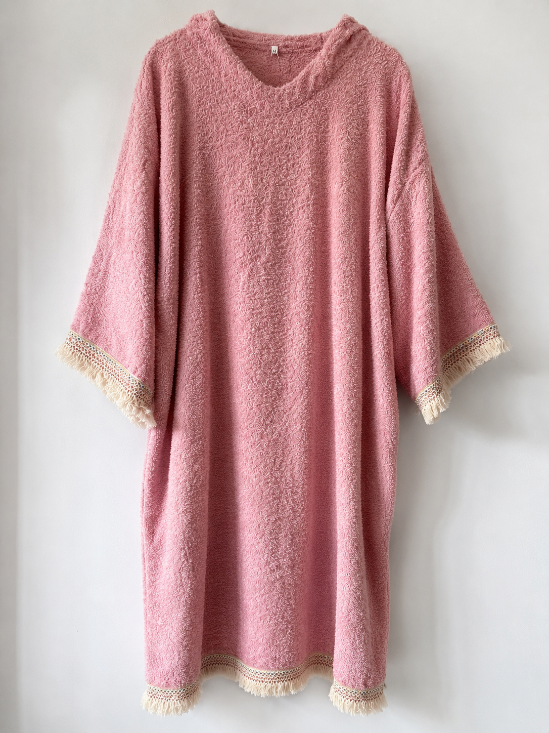 TOWELLING BEACH & POOL ROBE WITH TRIM, Baby Pink with cream tassel sparkel
