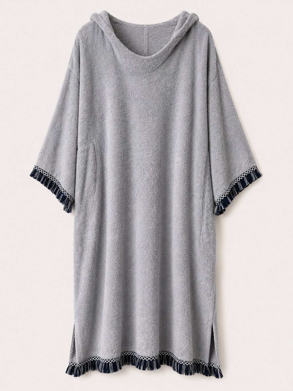 TOWELLING BEACH & POOL ROBE, Grey stone with navy & grey tassel