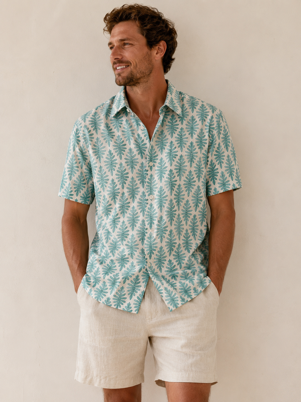 100% LIGHT COTTON SHIRT, White with green fern