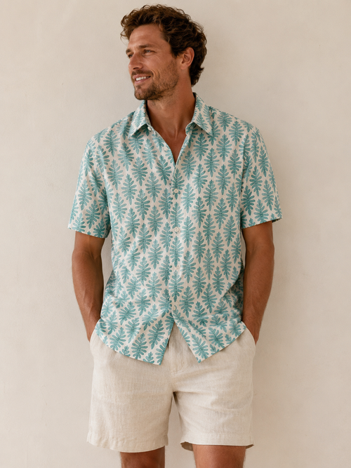 100% LIGHT COTTON SHIRT, White with green fern