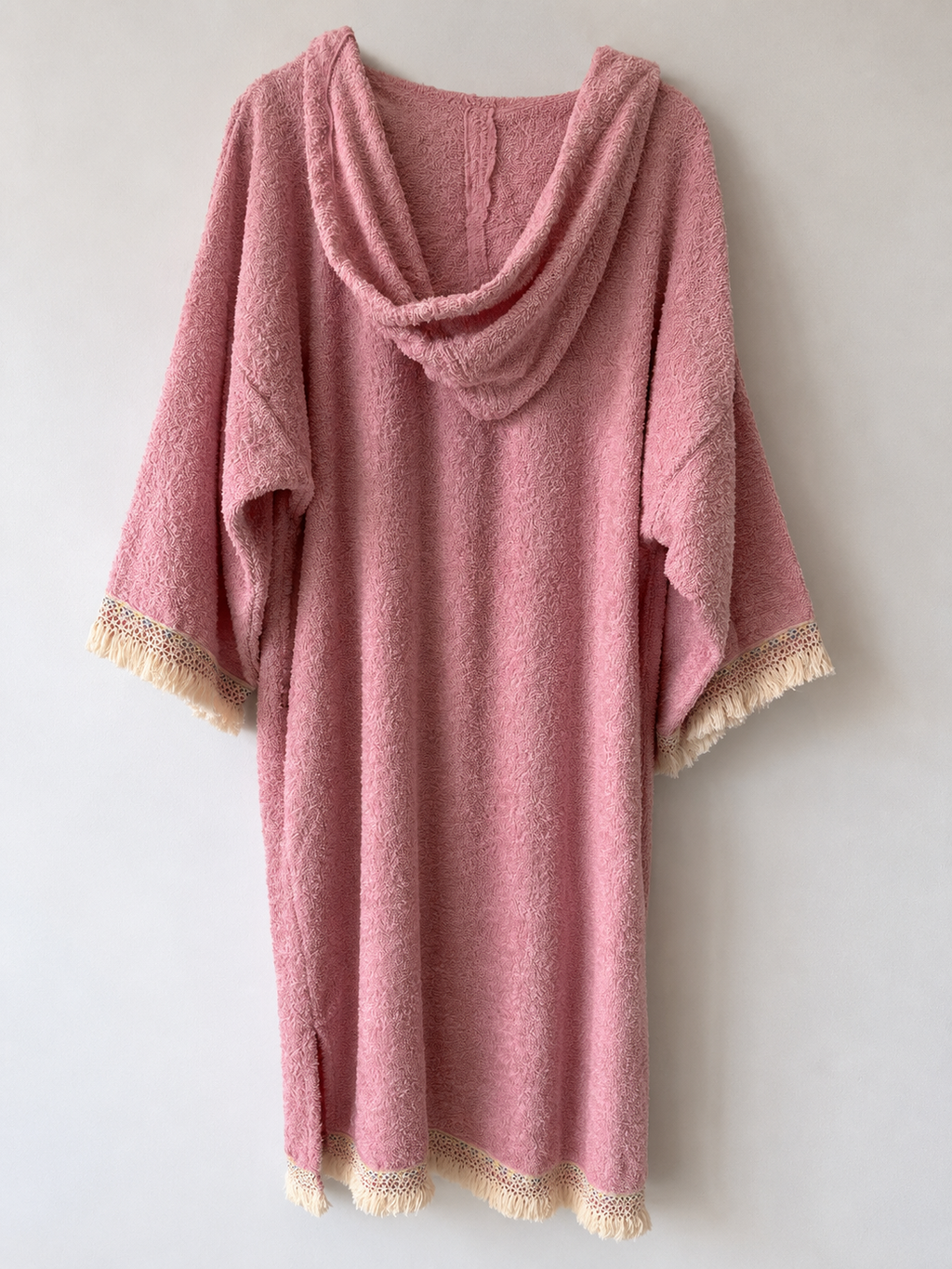 TOWELLING BEACH & POOL ROBE WITH TRIM, Baby Pink with cream tassel sparkel