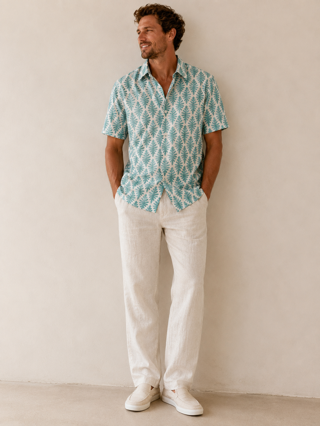 100% LIGHT COTTON SHIRT, White with green fern