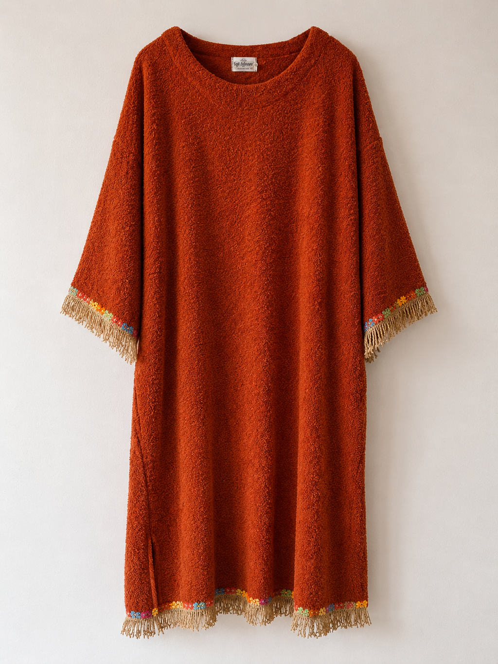 TOWELLING BEACH & POOL ROBE WITH TRIM, Rust with daisy chain, gold tassels