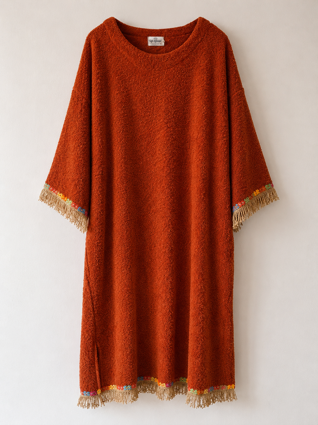TOWELLING BEACH & POOL ROBE WITH TRIM, Rust with daisy chain, gold tassels