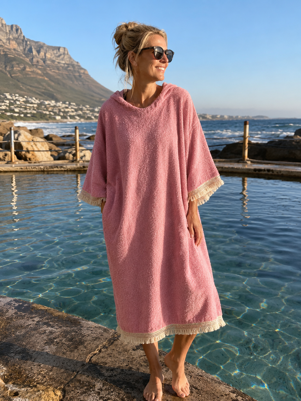 TOWELLING BEACH & POOL ROBE WITH TRIM, Baby Pink with cream tassel sparkel