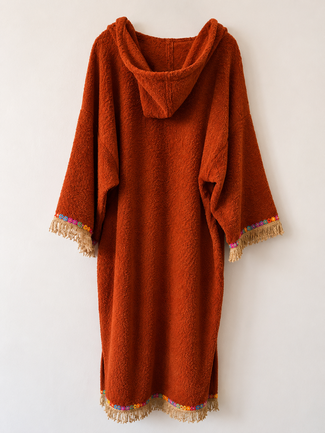 TOWELLING BEACH & POOL ROBE WITH TRIM, Rust with daisy chain, gold tassels