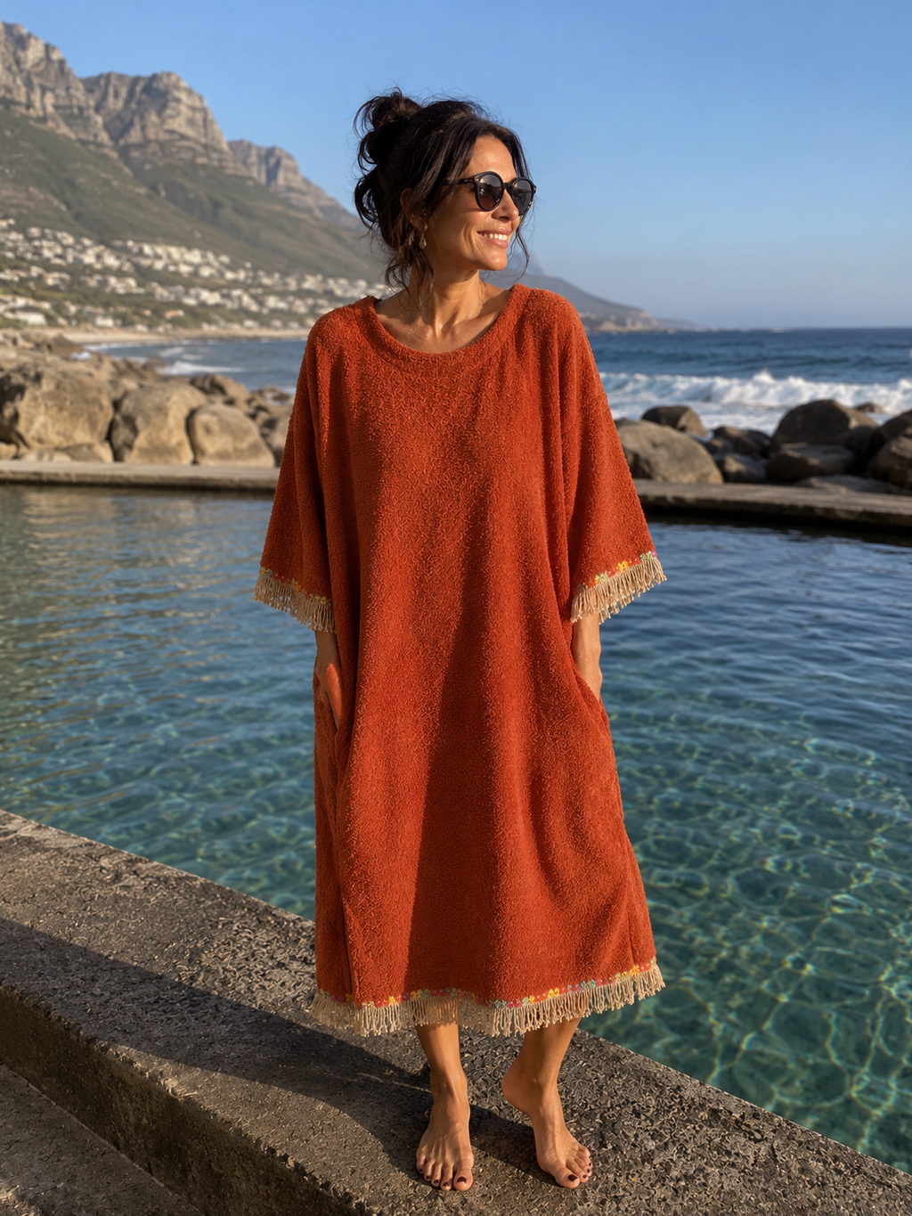 TOWELLING BEACH & POOL ROBE WITH TRIM, Rust with daisy chain, gold tassels