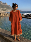 TOWELLING BEACH & POOL ROBE WITH TRIM, Rust with daisy chain, gold tassels