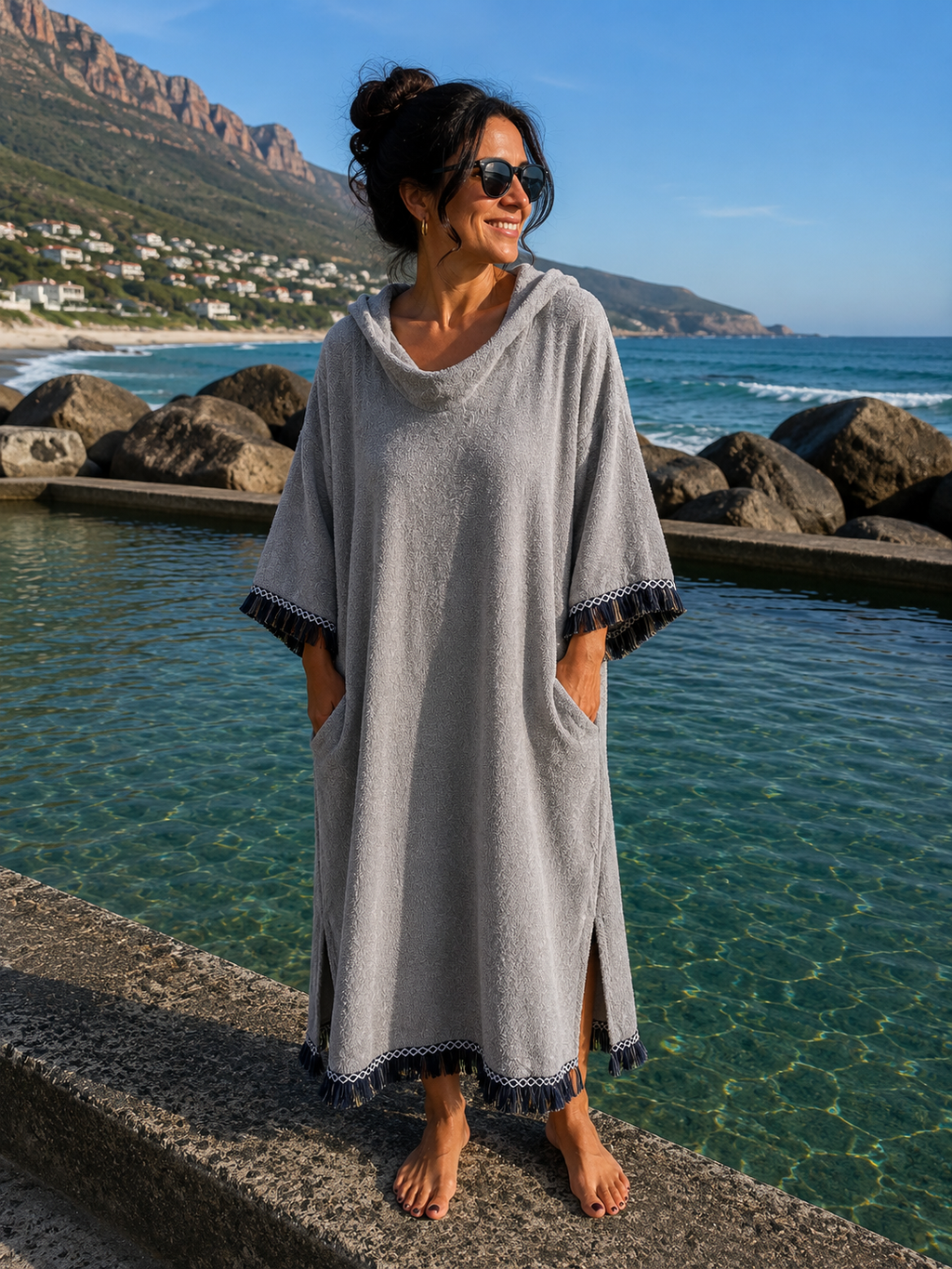 TOWELLING BEACH & POOL ROBE, Grey stone with navy & grey tassel