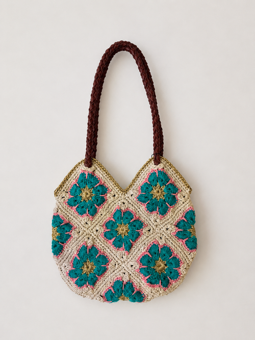 FLOWER BAG, Crochet, Turquoise Leopard