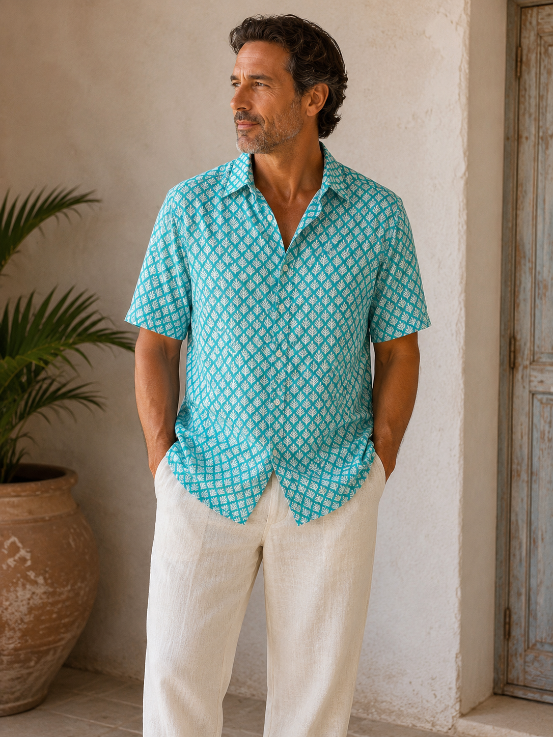 100% LIGHT COTTON SHIRT SLEEVE SHIRT, Light Green Fern