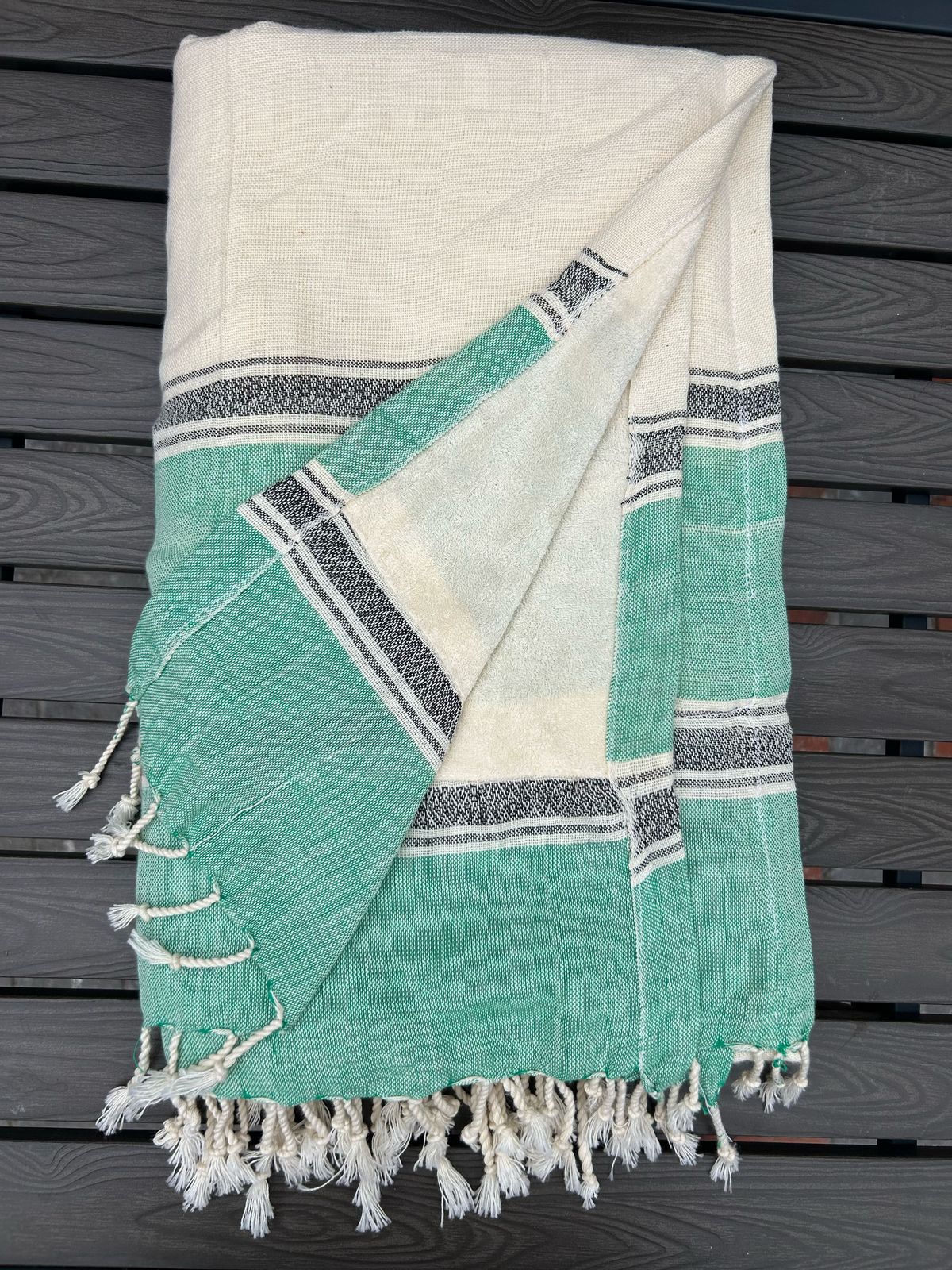Cotton Handwoven Towel In Mint On Cream