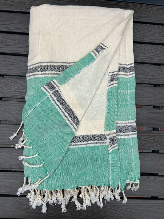 Cotton Handwoven Towel In Mint On Cream