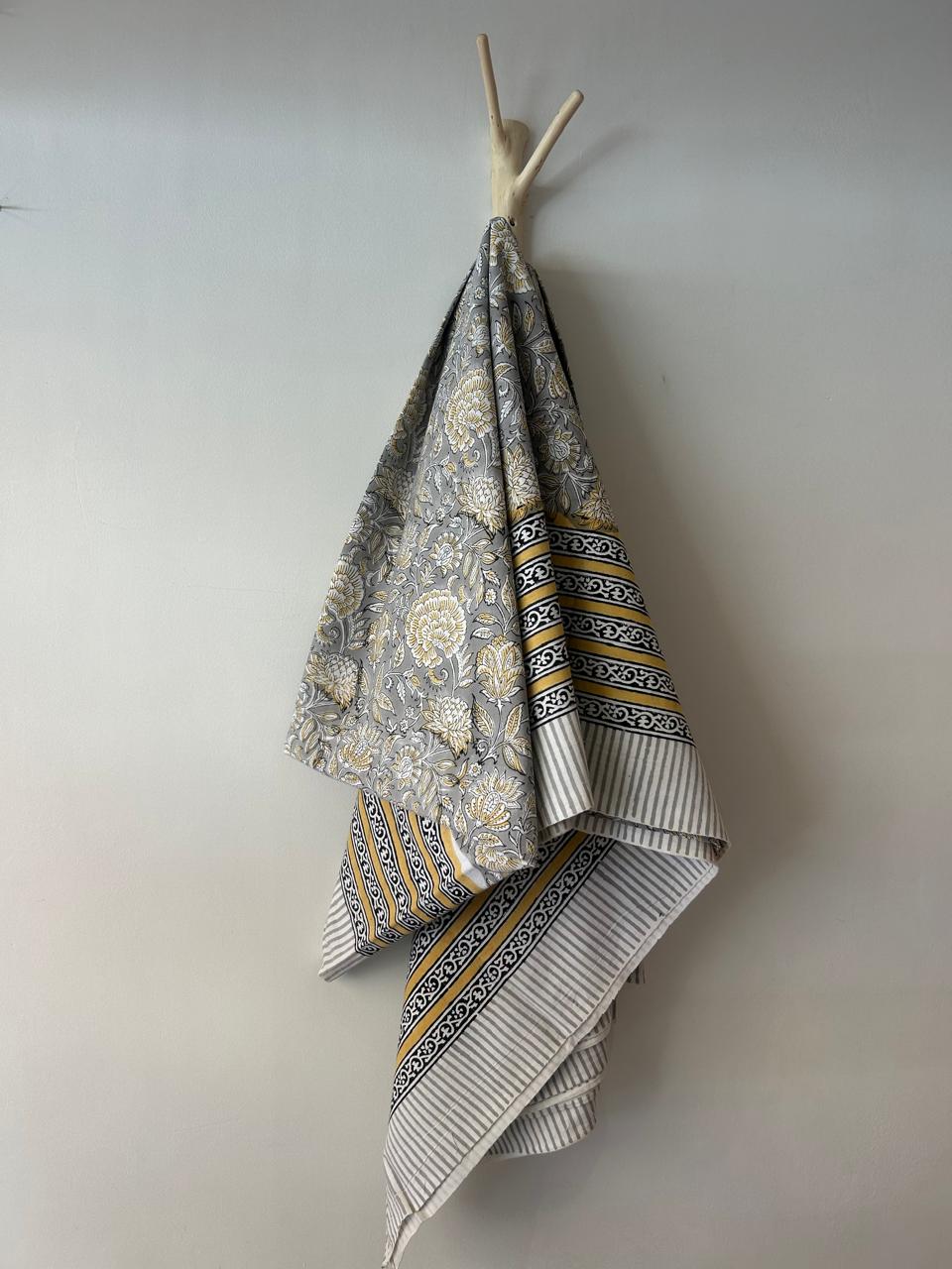 Cotton Throw In Grey Mustard And Black Floral