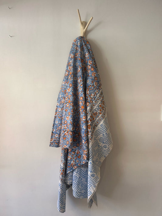 Cotton Throw In Light Blue And Orange Marigold