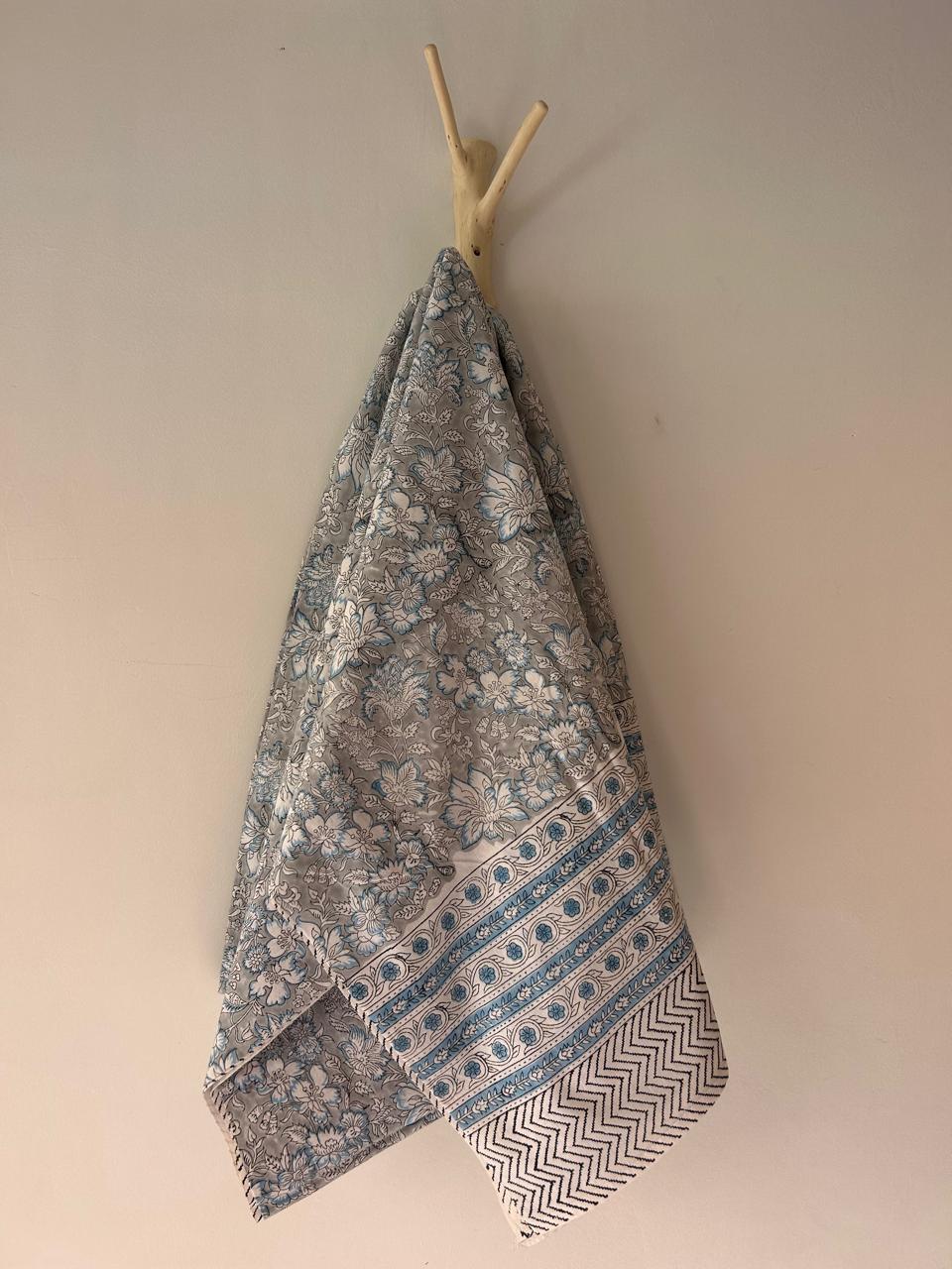 Cotton Throw In Light Gray And Light Blue Floral