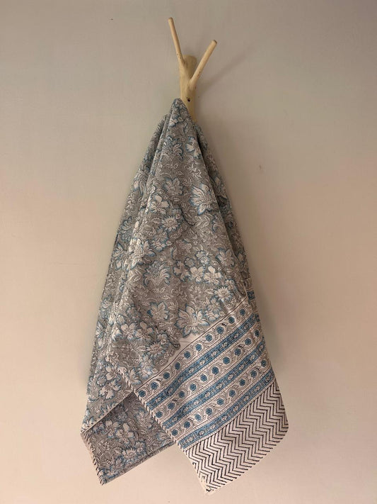 Cotton Throw In Light Gray And Light Blue Floral