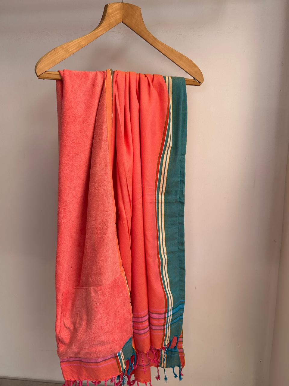 Salmon With Teal Blue Strip Kikoy Towel
