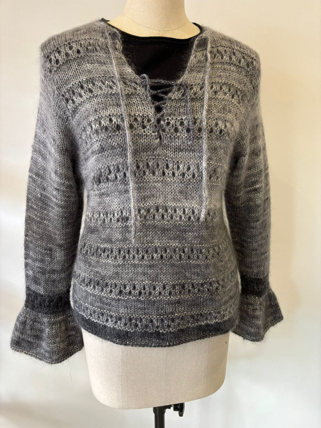 PURE SOFT MOHAIR LACE KNIT SWEATER WITH BELL SLEEVES IN GREY