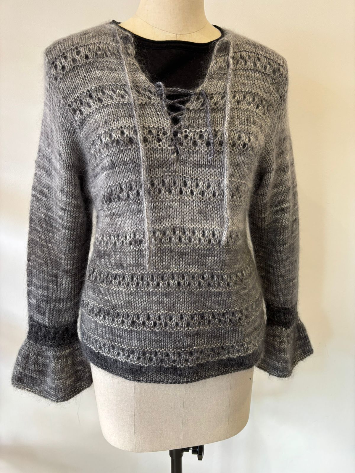 PURE SOFT MOHAIR LACE KNIT SWEATER WITH BELL SLEEVES IN GREY