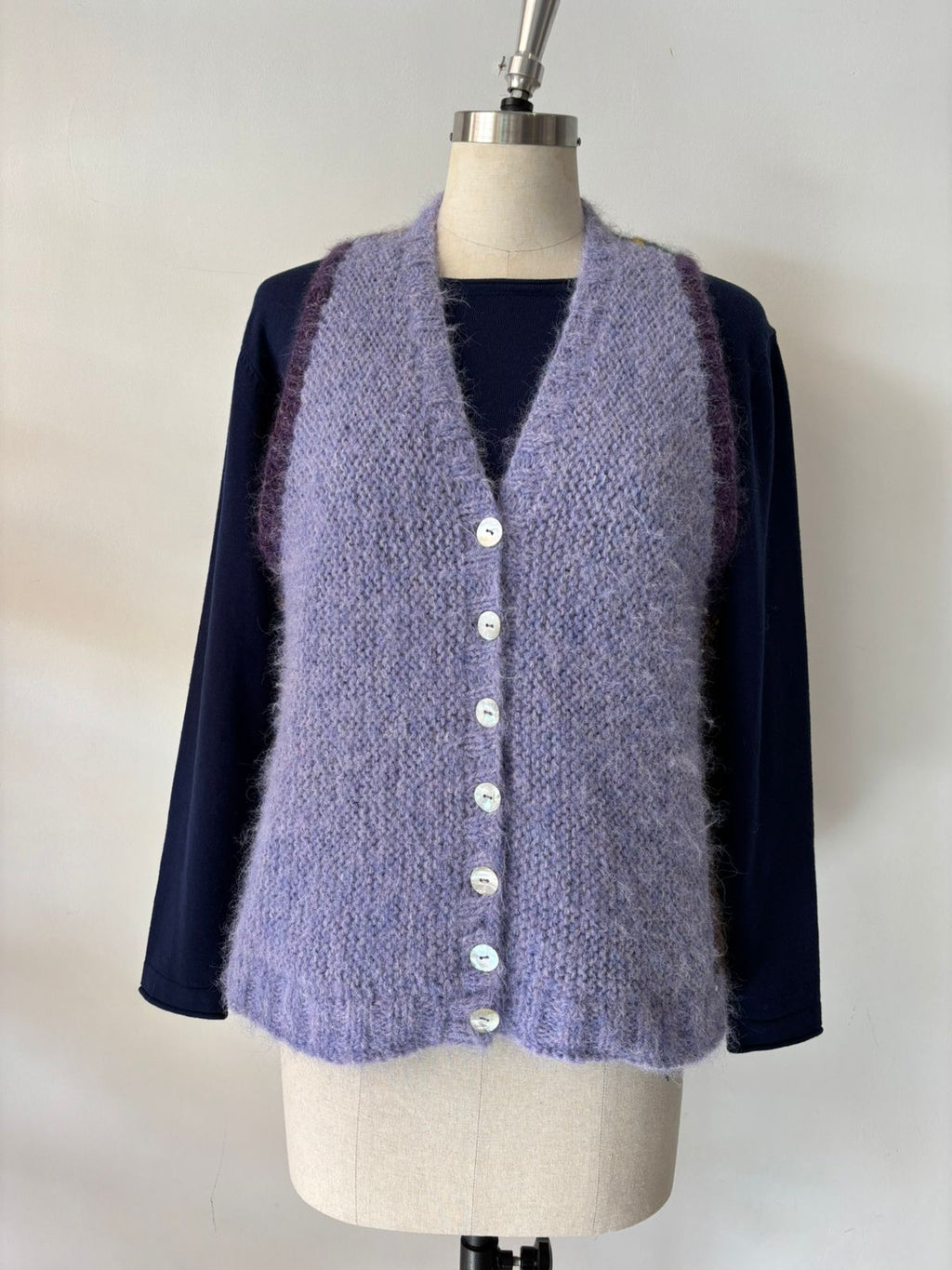 HAND KNIT MOHAIR/MERINO WAIST COAT, VERTICAL STRIPS ON BACK MOTHER OF PEARL BUTTONS IN MAUVE,