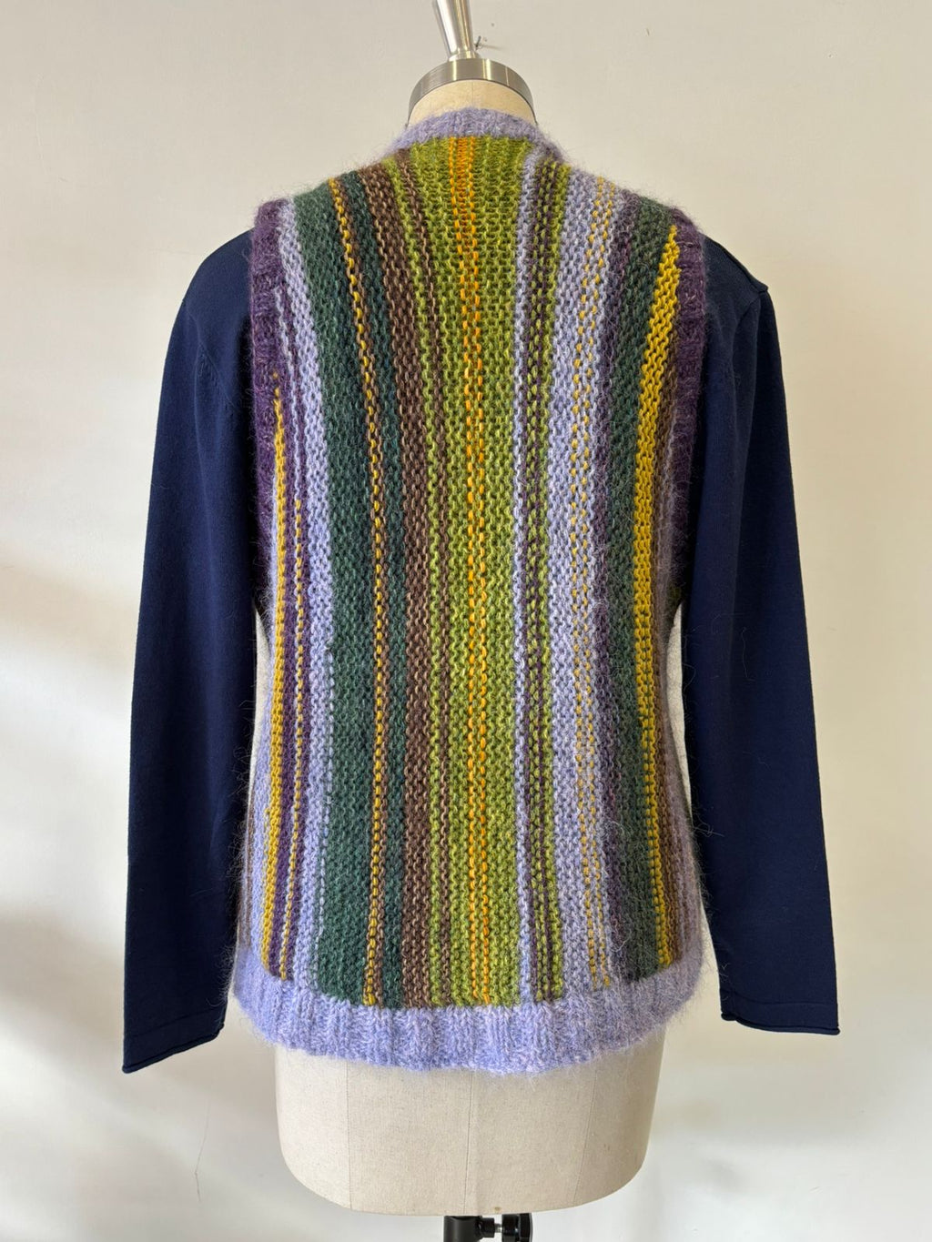 HAND KNIT MOHAIR/MERINO WAIST COAT, VERTICAL STRIPS ON BACK MOTHER OF PEARL BUTTONS IN MAUVE,