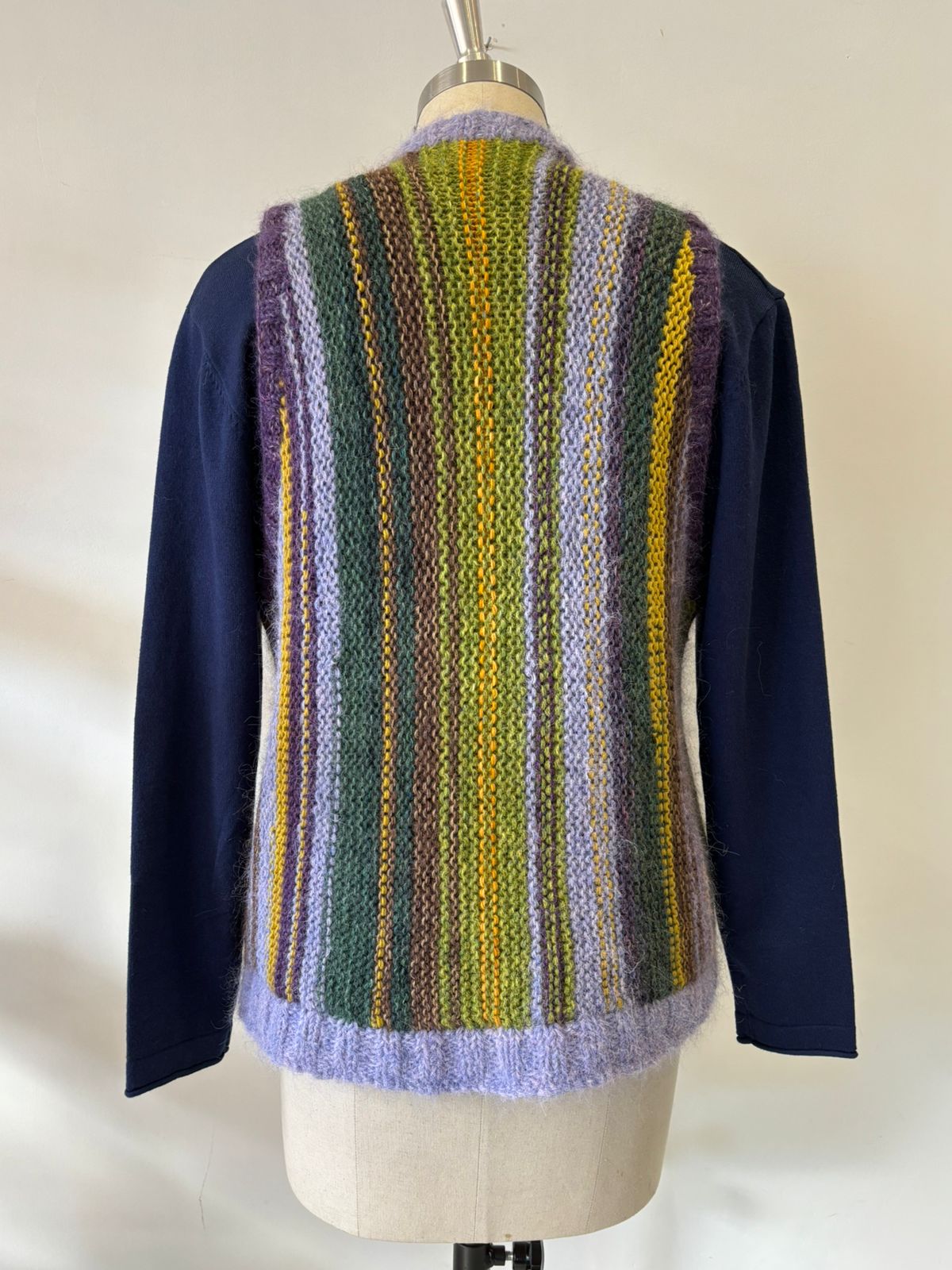 HAND KNIT MOHAIR/MERINO WAIST COAT, VERTICAL STRIPS ON BACK MOTHER OF PEARL BUTTONS IN MAUVE,
