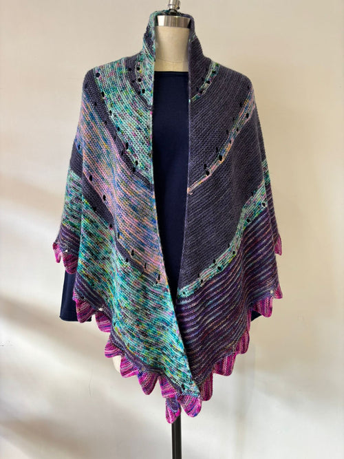 HAND KNIT MARINO WOOL SHAWL IN INDIGO/BLUE/CERISE