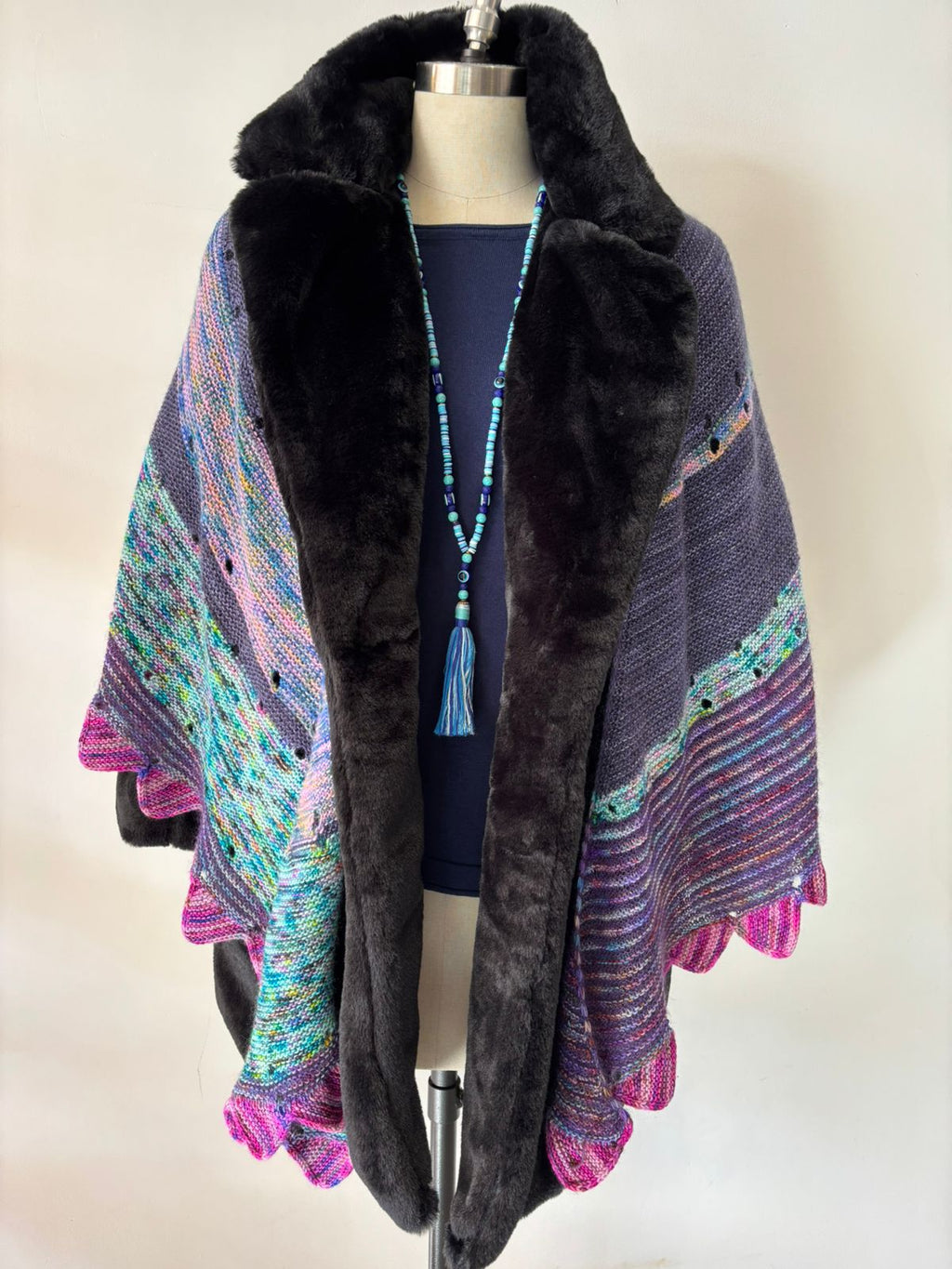 HAND KNIT MARINO WOOL SHAWL IN INDIGO/BLUE/CERISE