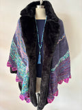 HAND KNIT MARINO WOOL SHAWL IN INDIGO/BLUE/CERISE