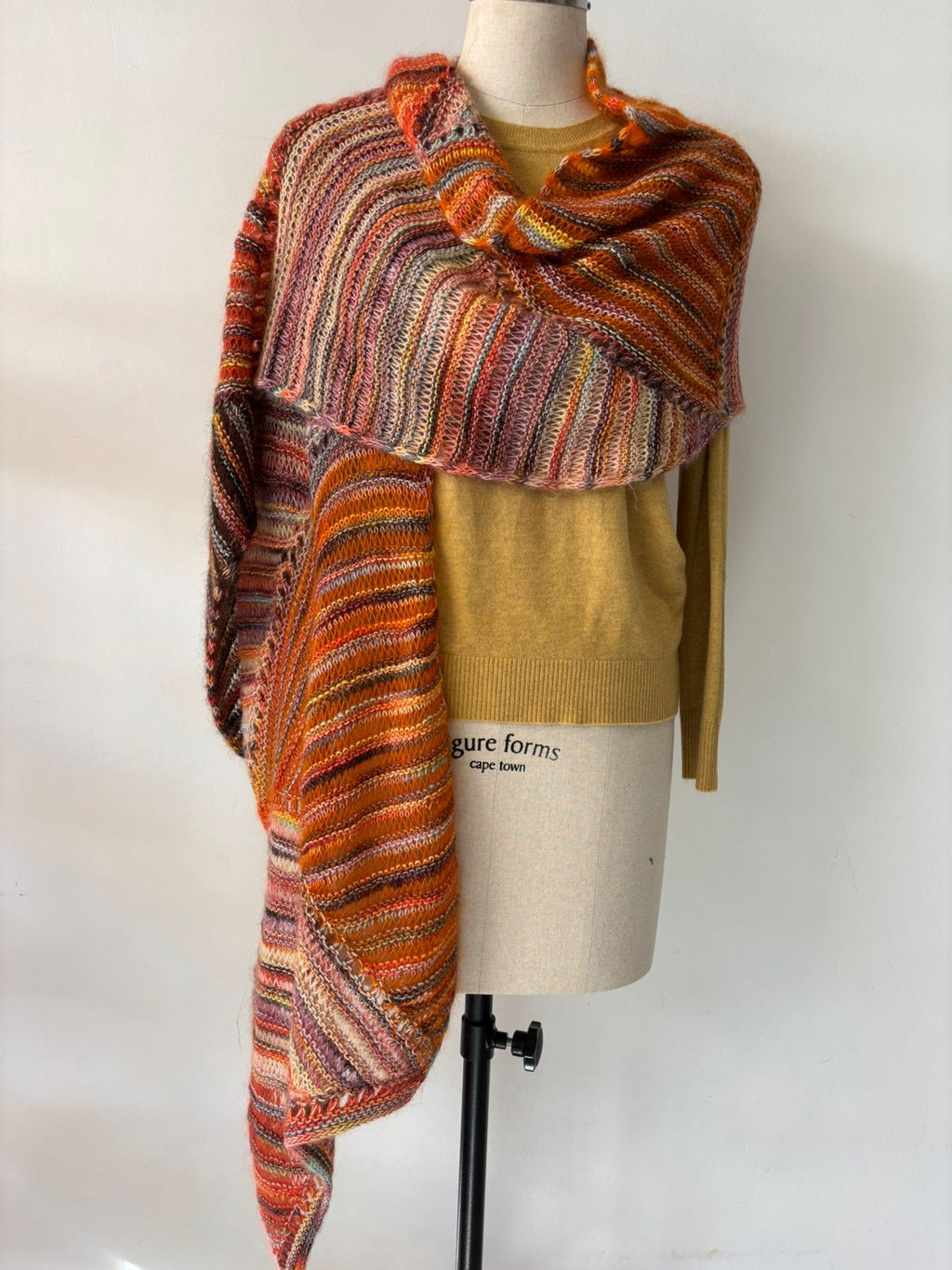 HAND KNIT MARINO/MOHAIR LACE SHAWL IN RUST ORANGE & BROWN