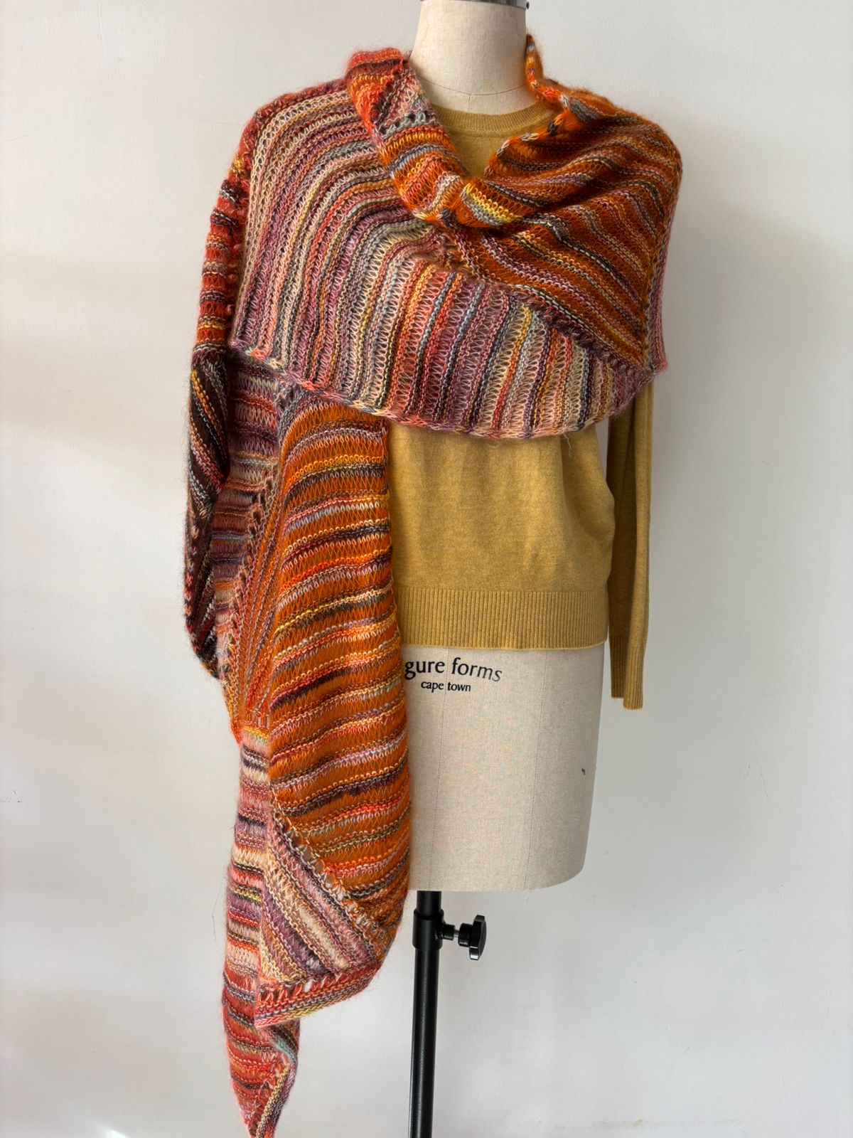 HAND KNIT MARINO/MOHAIR LACE SHAWL IN RUST ORANGE & BROWN