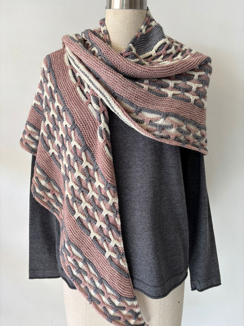 HAND KNIT MARINO WOOL BASKET WEAVE SHAWL IN PINK GREY & CREAM