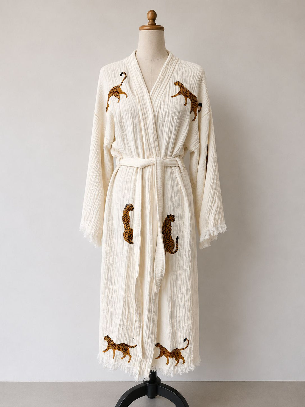 TURKISH PESHTEMAL COTTON GOWN IN GOLD LEOPARD, GREEN EYES