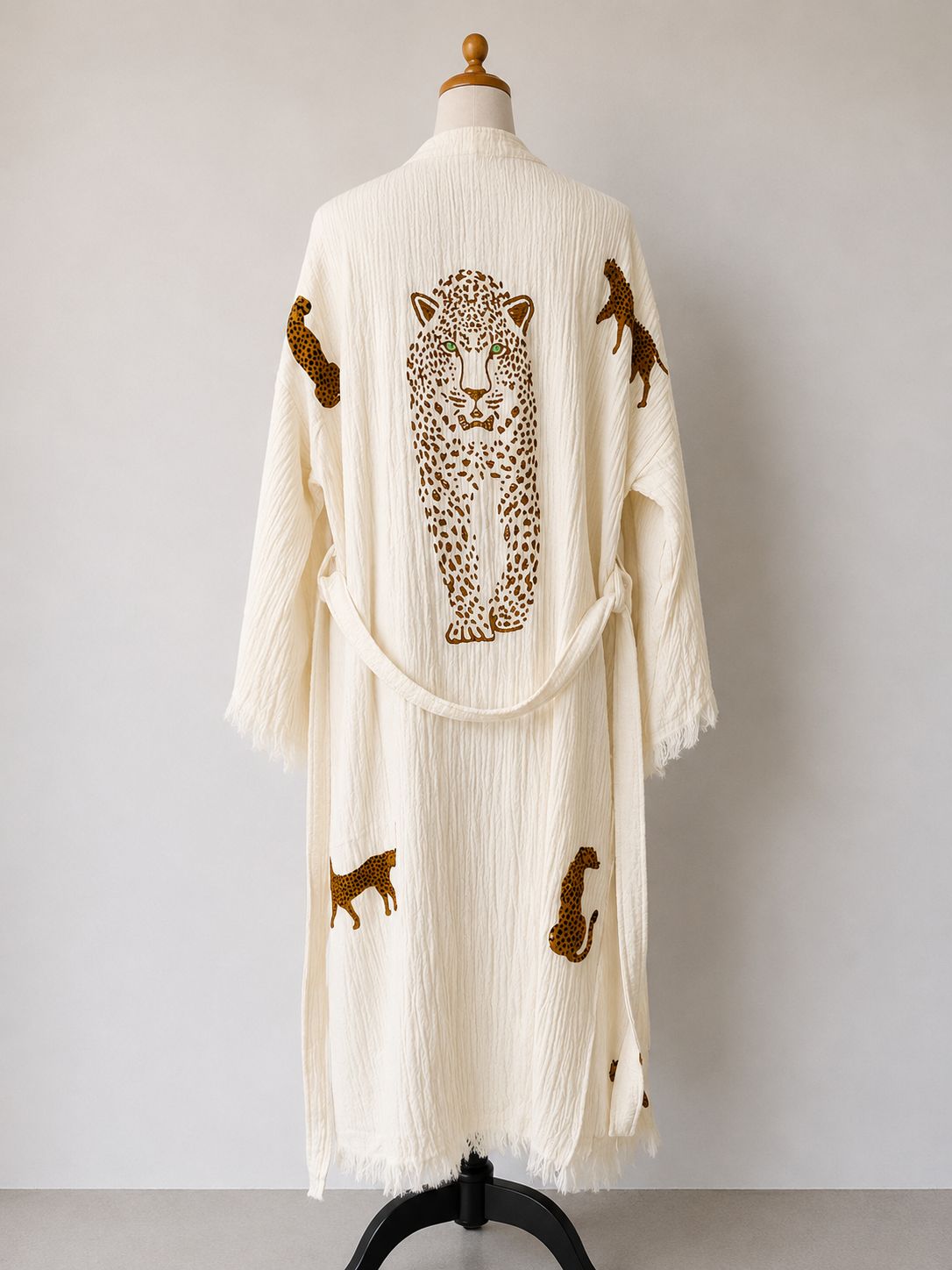 TURKISH PESHTEMAL COTTON GOWN IN GOLD LEOPARD, GREEN EYES