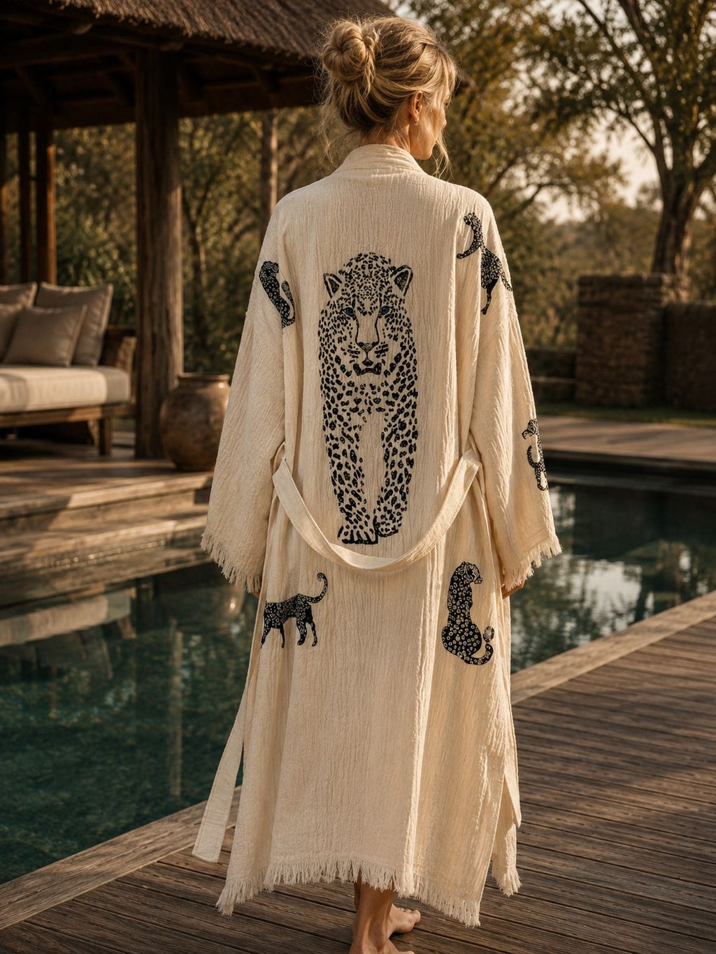 TURKISH PESHTEMAL COTTON GOWN IN BLACK LEOPARD BLUE EYES