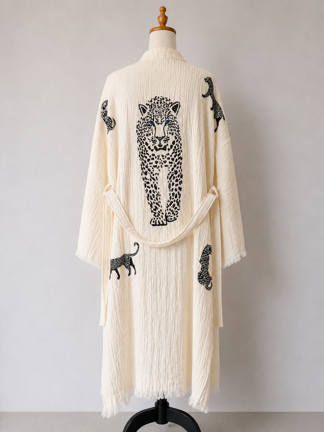 TURKISH PESHTEMAL COTTON GOWN IN BLACK LEOPARD BLUE EYES