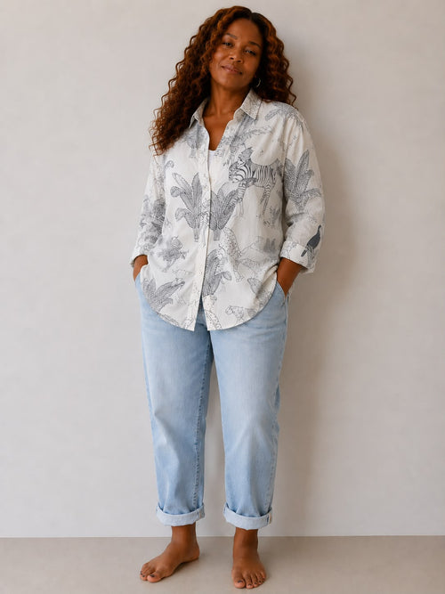 COTTON LOUNGEWEAR SET IN JUNGLE, Pale Blue Print